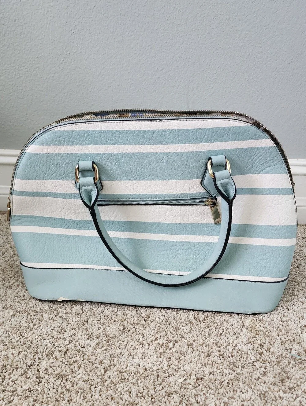 V-Accent Striped Dome Satchel - Light Blue & White